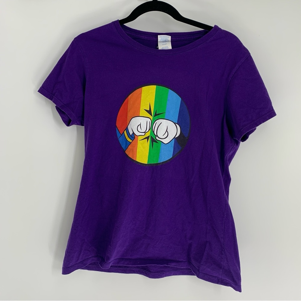Disney Mickey Mouse Donald Duck Fist Bump Rainbow Purple Women’s Large T-Shirt